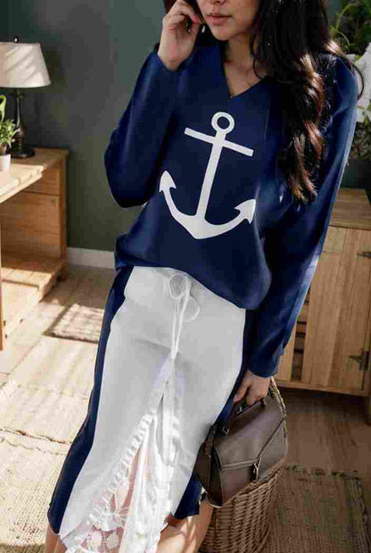 anchor print v neck long sleeve t shirt trousers two piece suit 131343