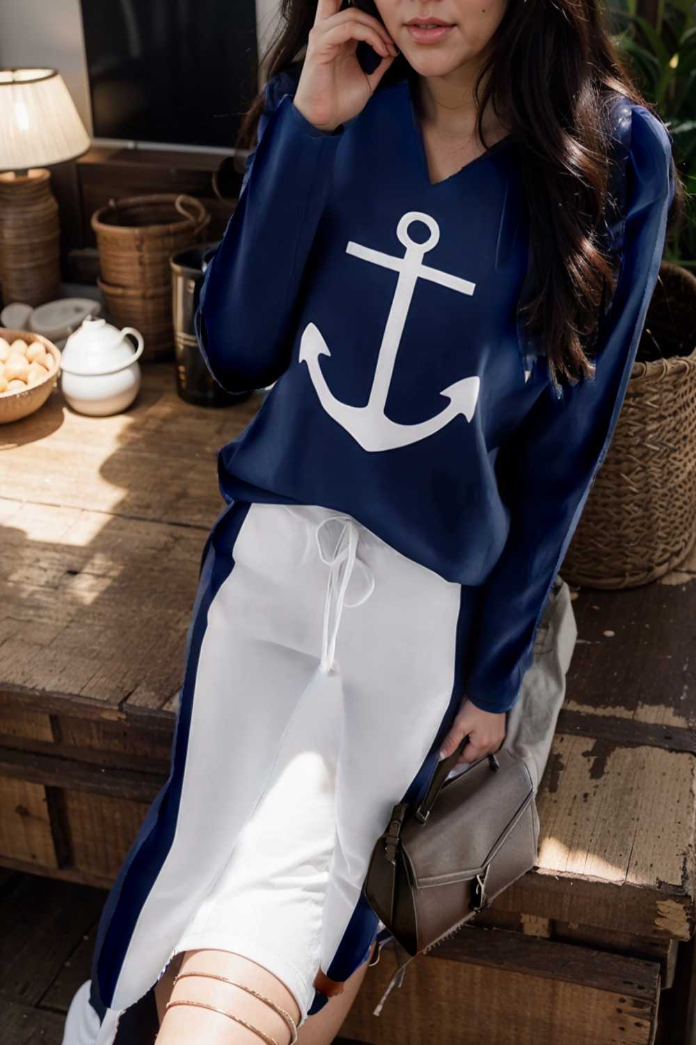 anchor print v neck long sleeve t shirt trousers two piece suit 102003