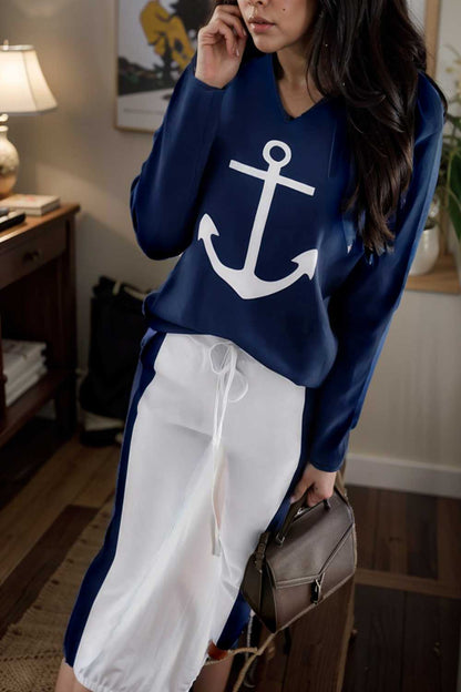 anchor print v neck long sleeve t shirt trousers two piece suit 105518