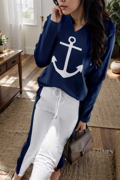 anchor print v neck long sleeve t shirt trousers two piece suit 103503