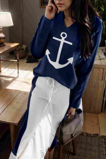 anchor print v neck long sleeve t shirt trousers two piece suit 122886