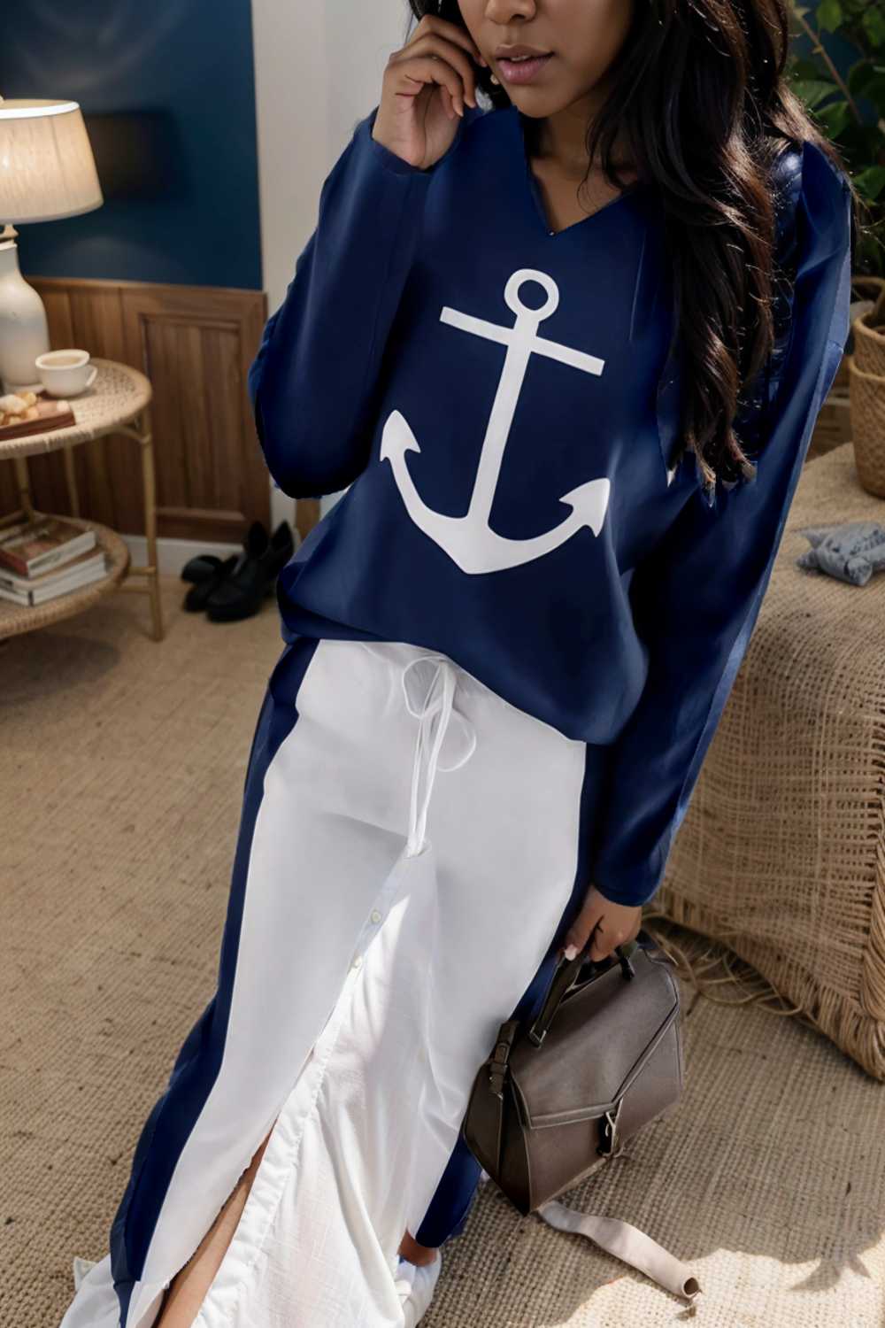 anchor print v neck long sleeve t shirt trousers two piece suit 122972