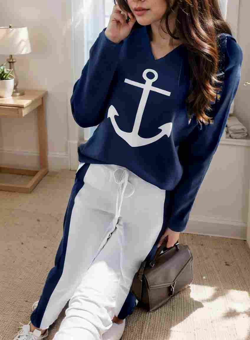 anchor print v neck long sleeve t shirt trousers two piece suit 108993