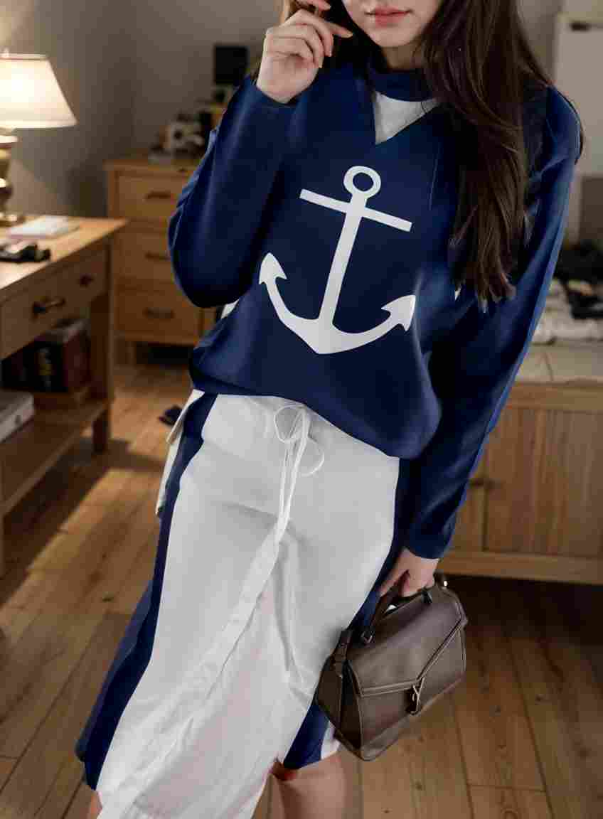 anchor print v neck long sleeve t shirt trousers two piece suit 103495