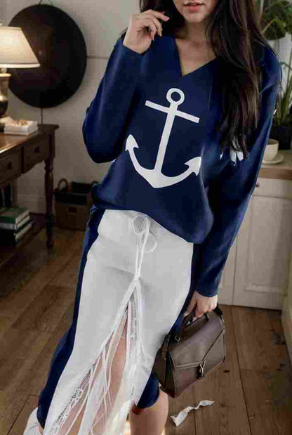 anchor print v neck long sleeve t shirt trousers two piece suit 146771