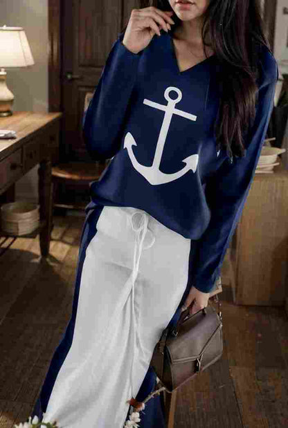 anchor print v neck long sleeve t shirt trousers two piece suit 128671