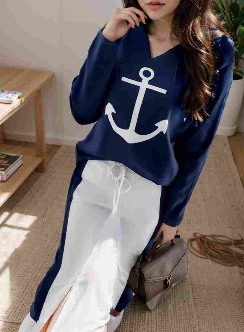 anchor print v neck long sleeve t shirt trousers two piece suit 115041