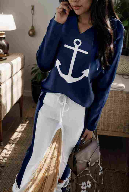 anchor print v neck long sleeve t shirt trousers two piece suit 137091