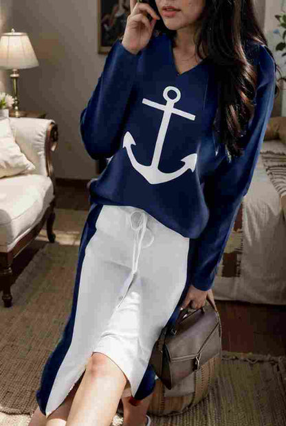 anchor print v neck long sleeve t shirt trousers two piece suit 140428