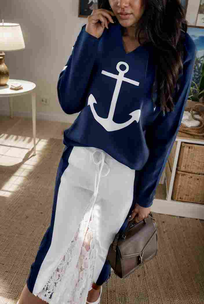 anchor print v neck long sleeve t shirt trousers two piece suit 145109