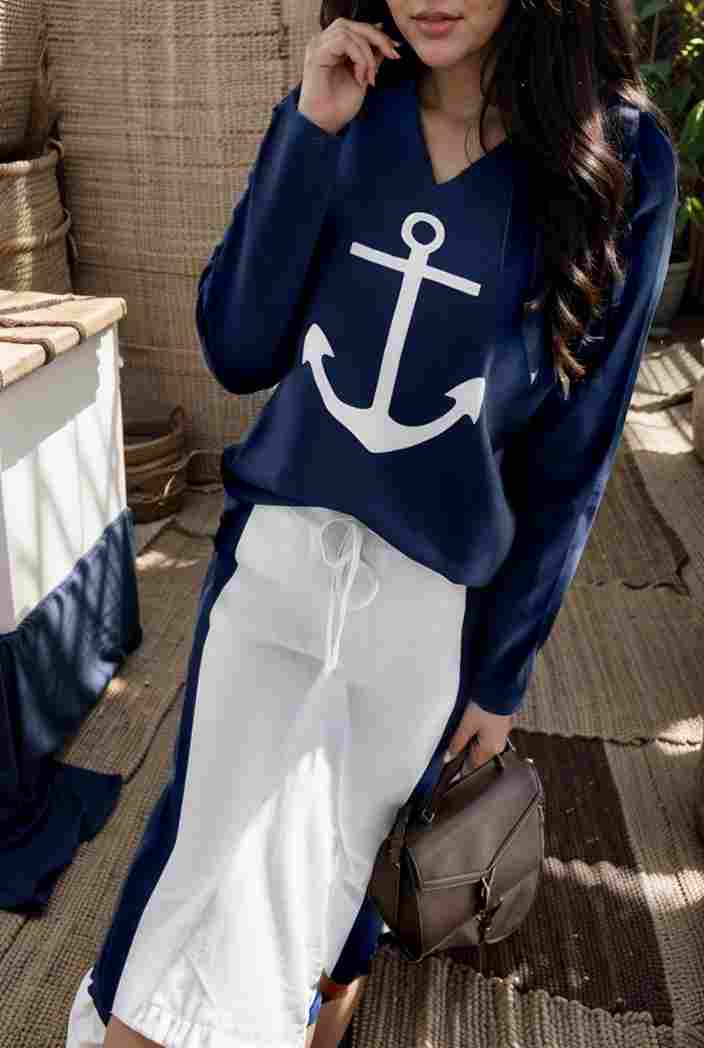 anchor print v neck long sleeve t shirt trousers two piece suit 108901