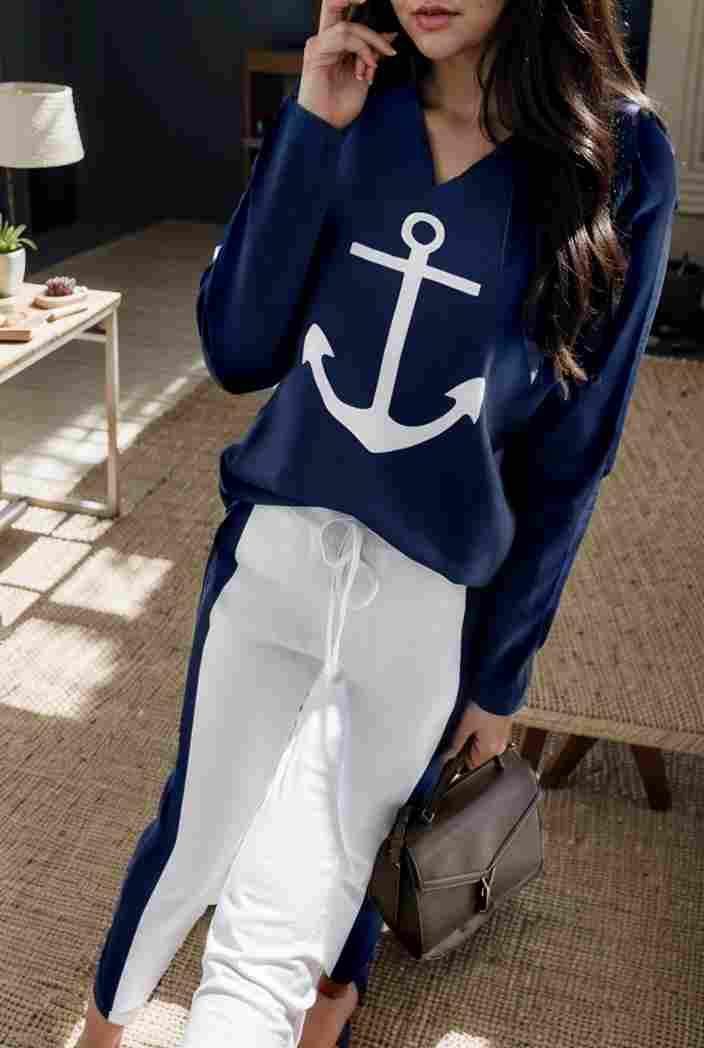 anchor print v neck long sleeve t shirt trousers two piece suit 149361