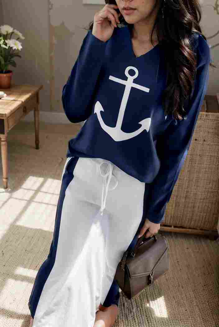 anchor print v neck long sleeve t shirt trousers two piece suit 132408