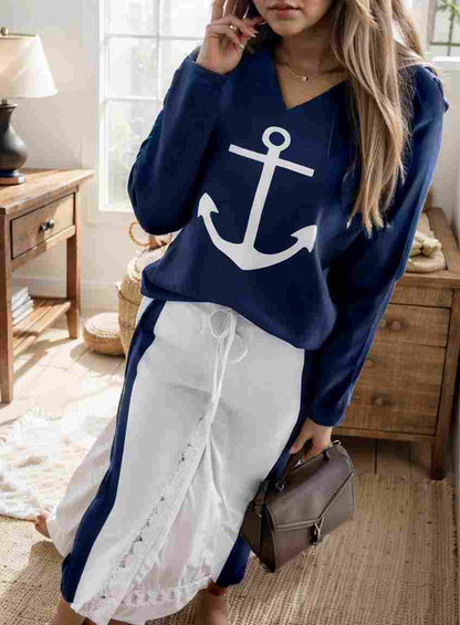 anchor print v neck long sleeve t shirt trousers two piece suit 133529