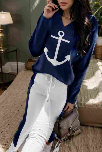 anchor print v neck long sleeve t shirt trousers two piece suit 129055