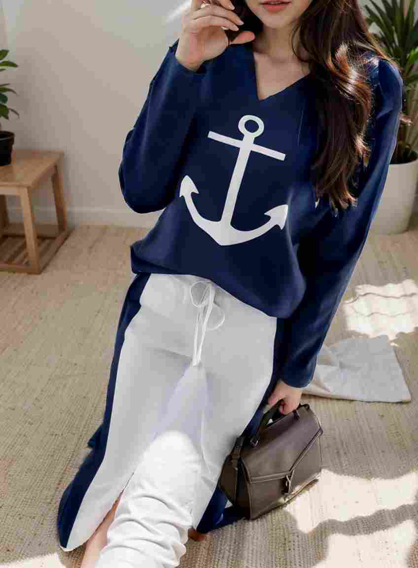 anchor print v neck long sleeve t shirt trousers two piece suit 124874