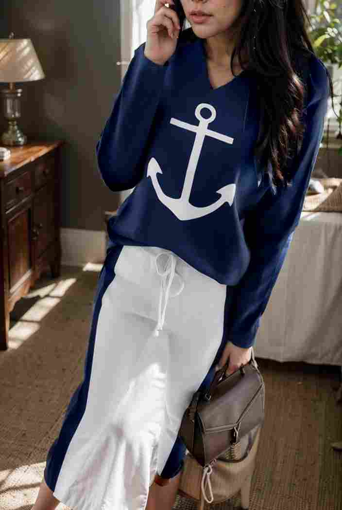 anchor print v neck long sleeve t shirt trousers two piece suit 121737