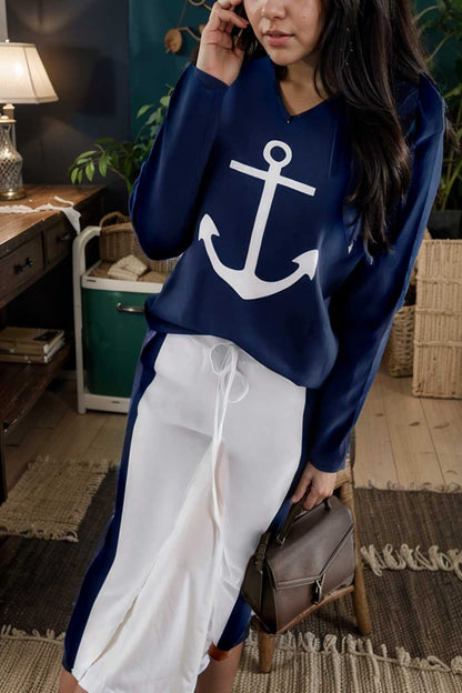 anchor print v neck long sleeve t shirt trousers two piece suit 136759