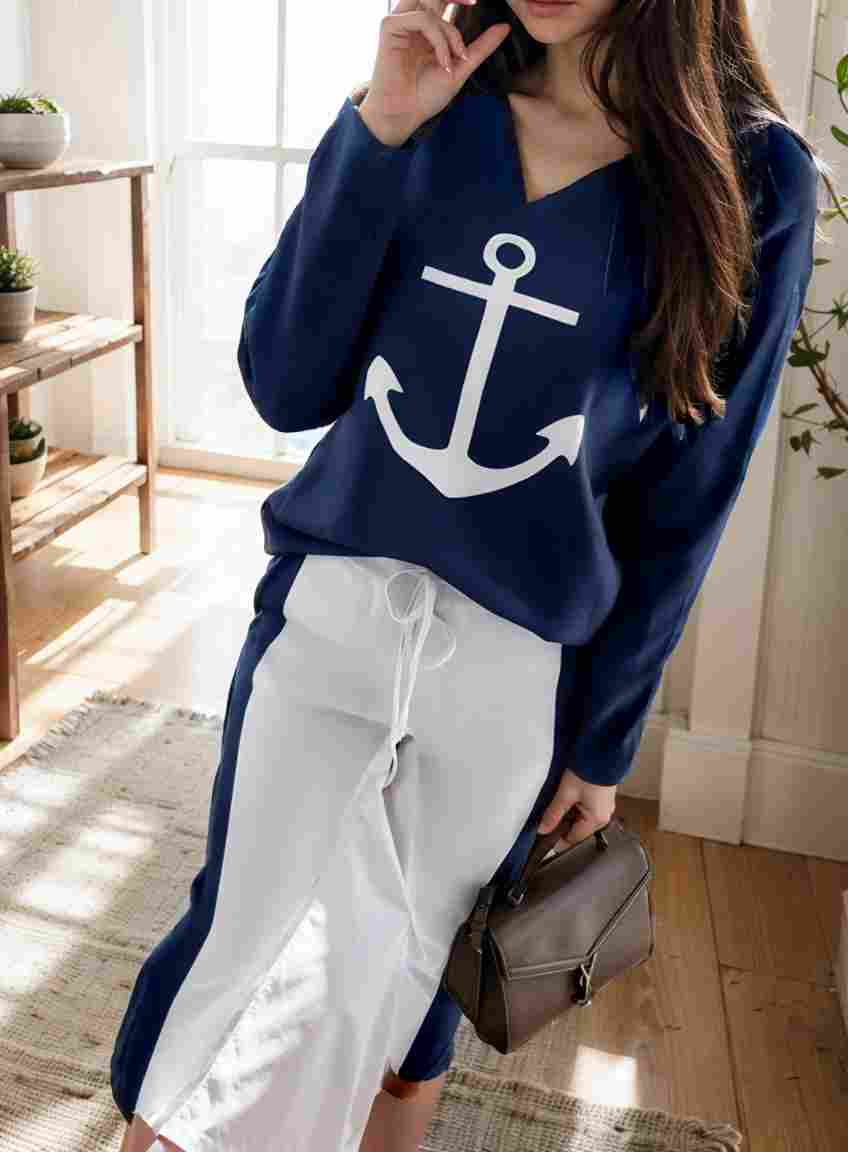 anchor print v neck long sleeve t shirt trousers two piece suit 108994