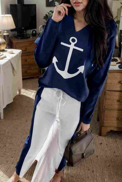 anchor print v neck long sleeve t shirt trousers two piece suit 137933