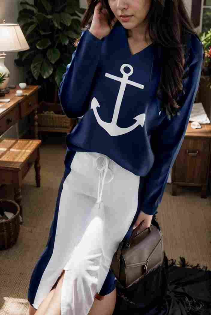 anchor print v neck long sleeve t shirt trousers two piece suit 104958