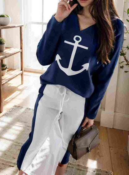 anchor print v neck long sleeve t shirt trousers two piece suit 140992