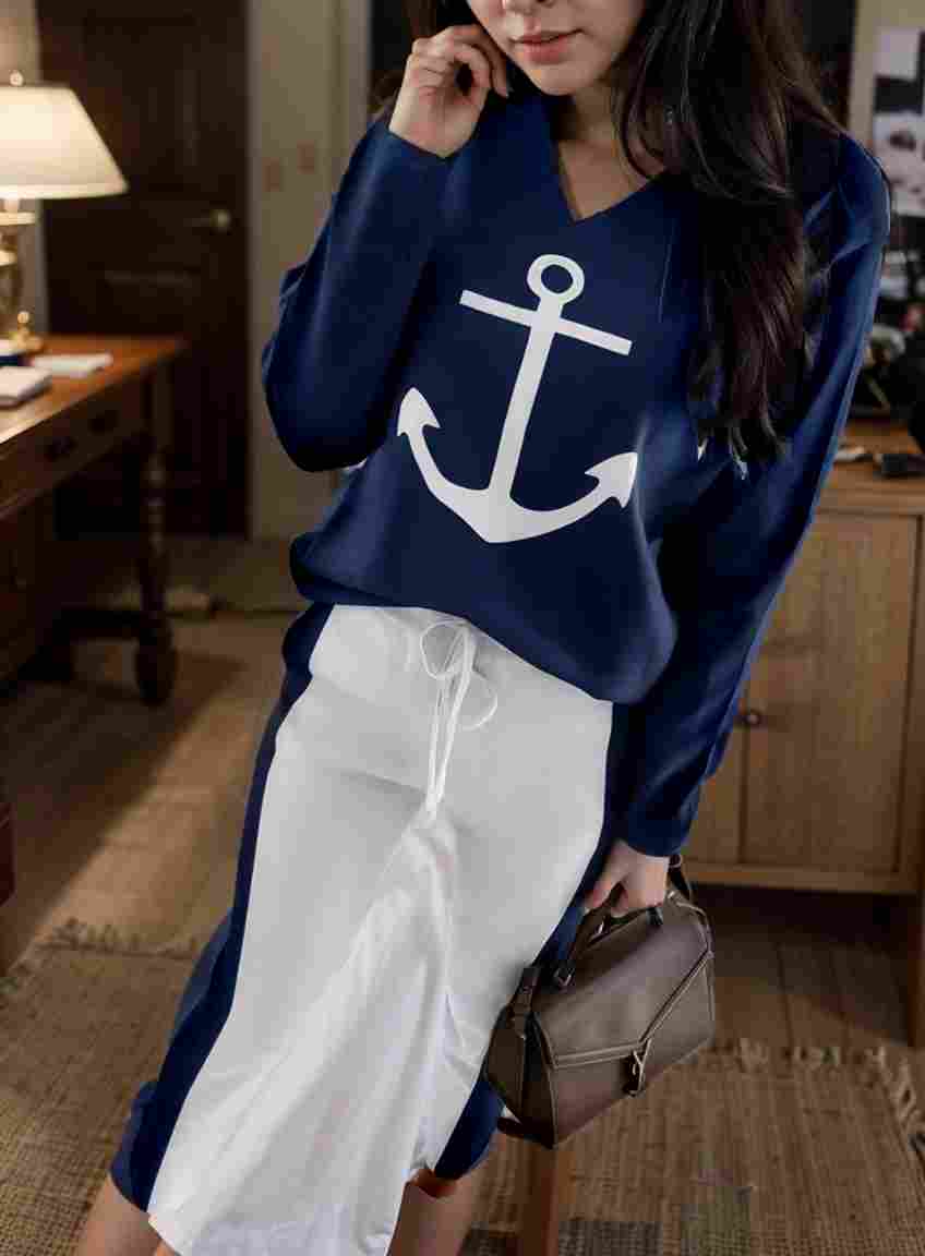 anchor print v neck long sleeve t shirt trousers two piece suit 100007