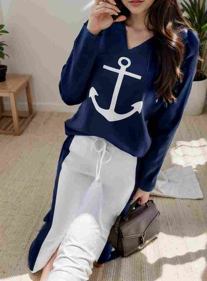 anchor print v neck long sleeve t shirt trousers two piece suit 117246