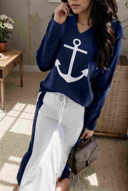 anchor print v neck long sleeve t shirt trousers two piece suit 107181