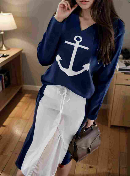 anchor print v neck long sleeve t shirt trousers two piece suit 103496