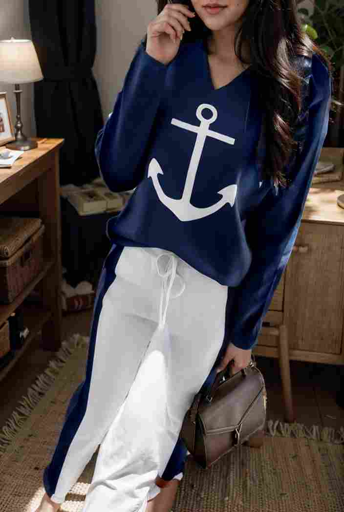 anchor print v neck long sleeve t shirt trousers two piece suit 104816