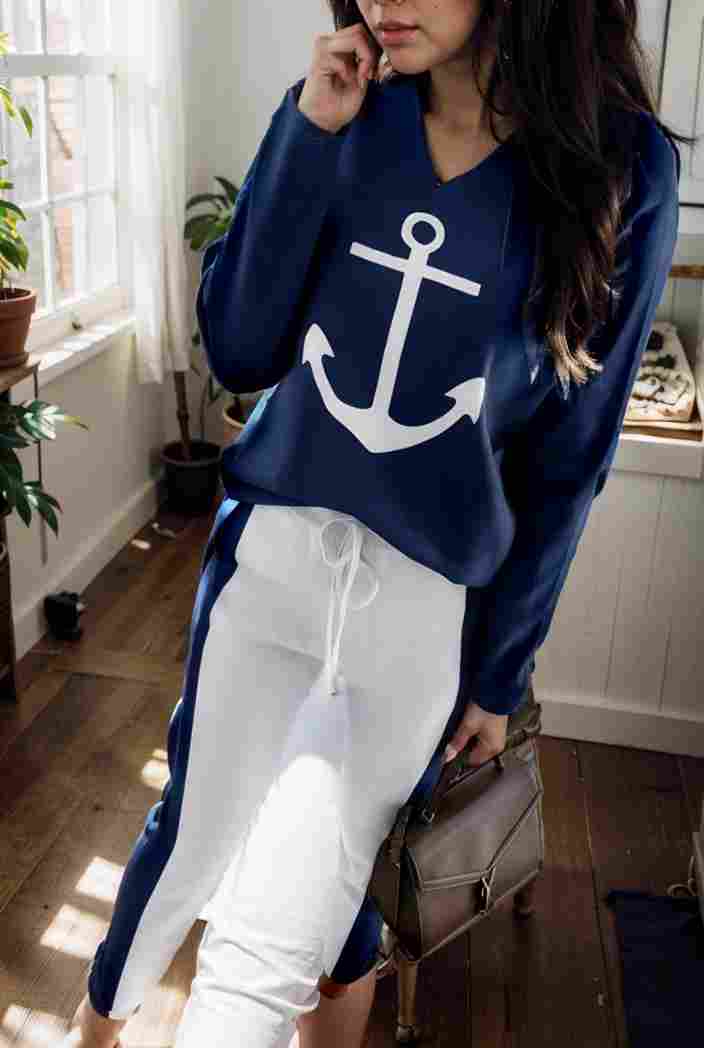 anchor print v neck long sleeve t shirt trousers two piece suit 132111