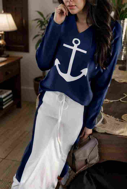 anchor print v neck long sleeve t shirt trousers two piece suit 111230