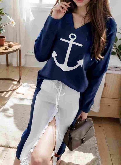 anchor print v neck long sleeve t shirt trousers two piece suit 121184