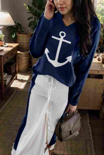 anchor print v neck long sleeve t shirt trousers two piece suit 140429