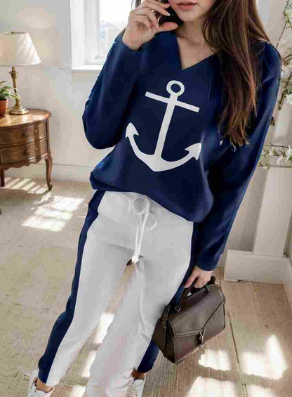 anchor print v neck long sleeve t shirt trousers two piece suit 147371