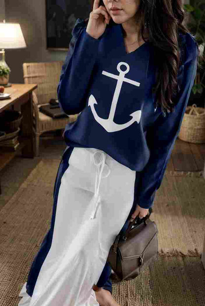 anchor print v neck long sleeve t shirt trousers two piece suit 145410