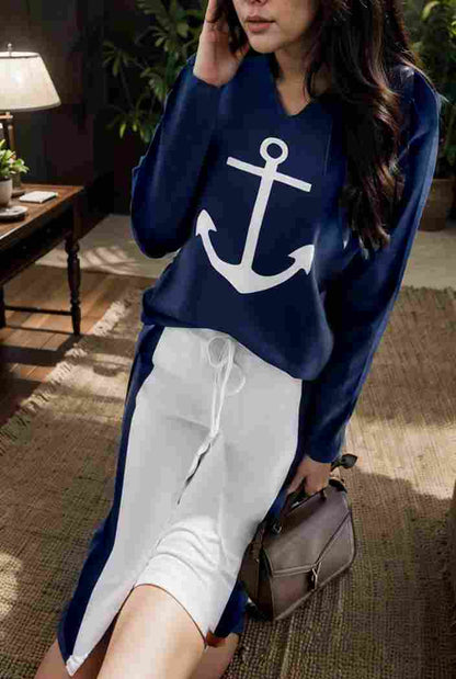 anchor print v neck long sleeve t shirt trousers two piece suit 109521