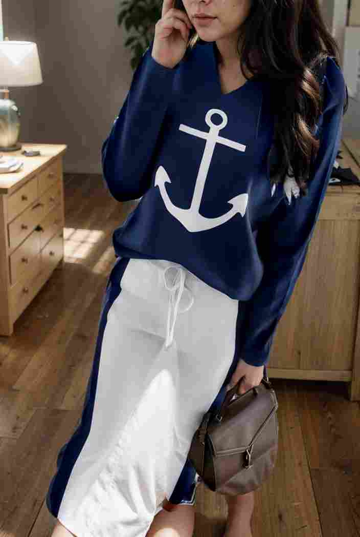 anchor print v neck long sleeve t shirt trousers two piece suit 104408