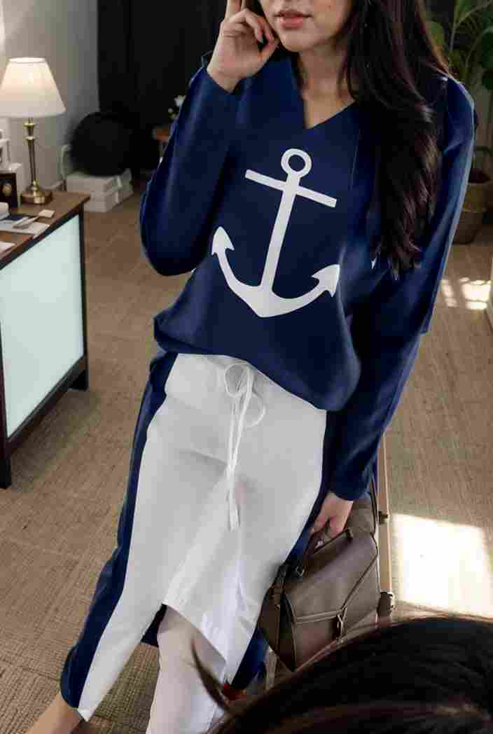 anchor print v neck long sleeve t shirt trousers two piece suit 103452