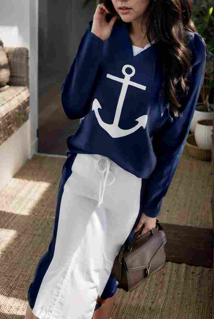 anchor print v neck long sleeve t shirt trousers two piece suit 128440