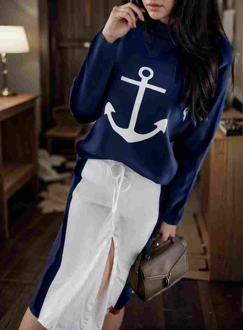 anchor print v neck long sleeve t shirt trousers two piece suit 123490