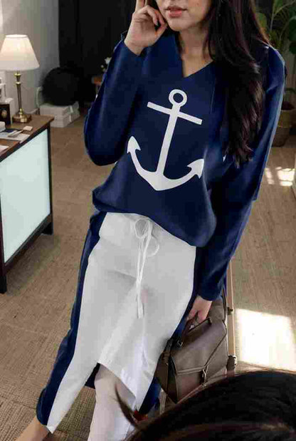 anchor print v neck long sleeve t shirt trousers two piece suit 125292