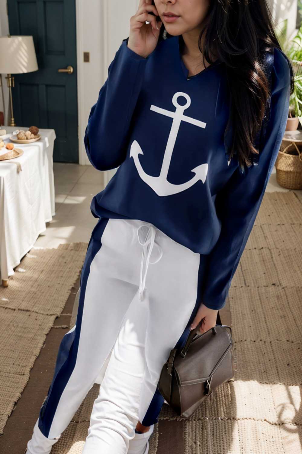 anchor print v neck long sleeve t shirt trousers two piece suit 103227