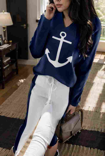 anchor print v neck long sleeve t shirt trousers two piece suit 149247