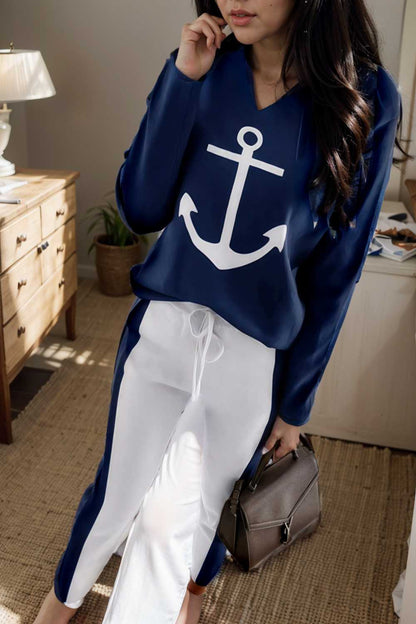 anchor print v neck long sleeve t shirt trousers two piece suit 120695