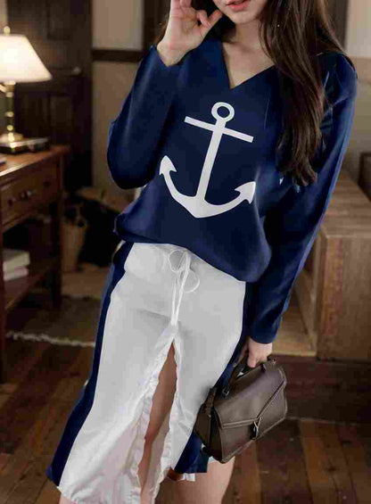 anchor print v neck long sleeve t shirt trousers two piece suit 103497