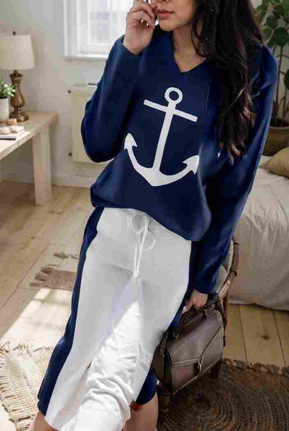 anchor print v neck long sleeve t shirt trousers two piece suit 132112