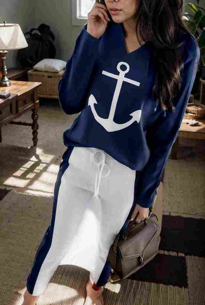 anchor print v neck long sleeve t shirt trousers two piece suit 111231