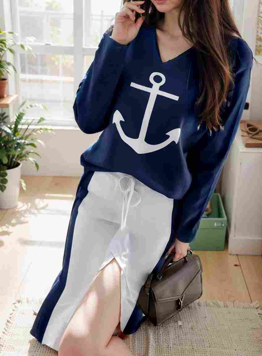 anchor print v neck long sleeve t shirt trousers two piece suit 139837